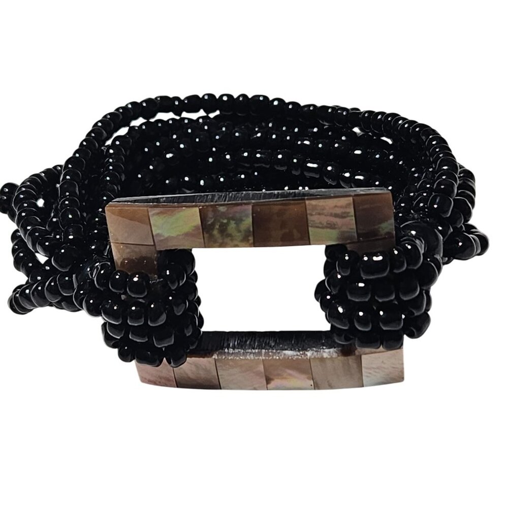 Elegant Black Beaded Bracelet Rectangular Mother … - image 1